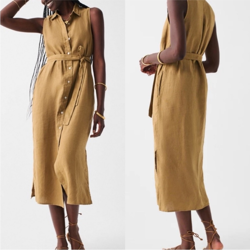 FAHERTY Linen Laguna Sleeveless Shirt Dress Sz M Dull Gold Neutral Midi Preppy - Picture 2 of 10